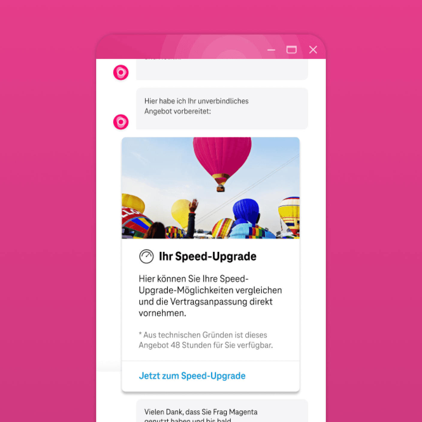 Chatfenster mit einer Angebotskarte „Ihr Speed-Upgrade“, darueber ein Foto von Heissluftballons und darunter ein Link zum Abschluss