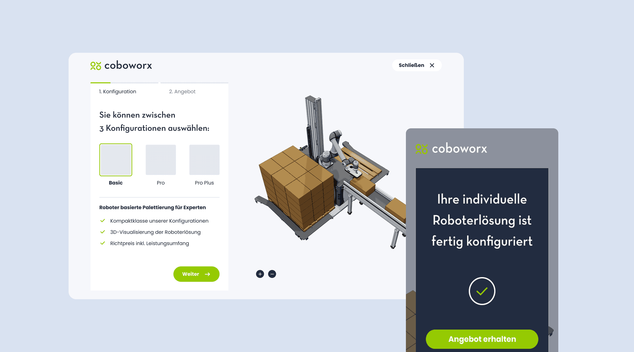Cobot mieten: Screen-Ansicht im Desktop- und Smartphoneformat. Desktop-Ansicht zeigt den Start der Konfiguration mit Auswahl dreier Kategorien "Basic", "Pro", "Pro Plus", mit drei Stichpunkten zu Qualitätsmerkmalen der Dienstleistung. Screen-Darstellung auf dem Smartphone wenn Konfiguration fertig ist mit Button "Angebot erhalten".