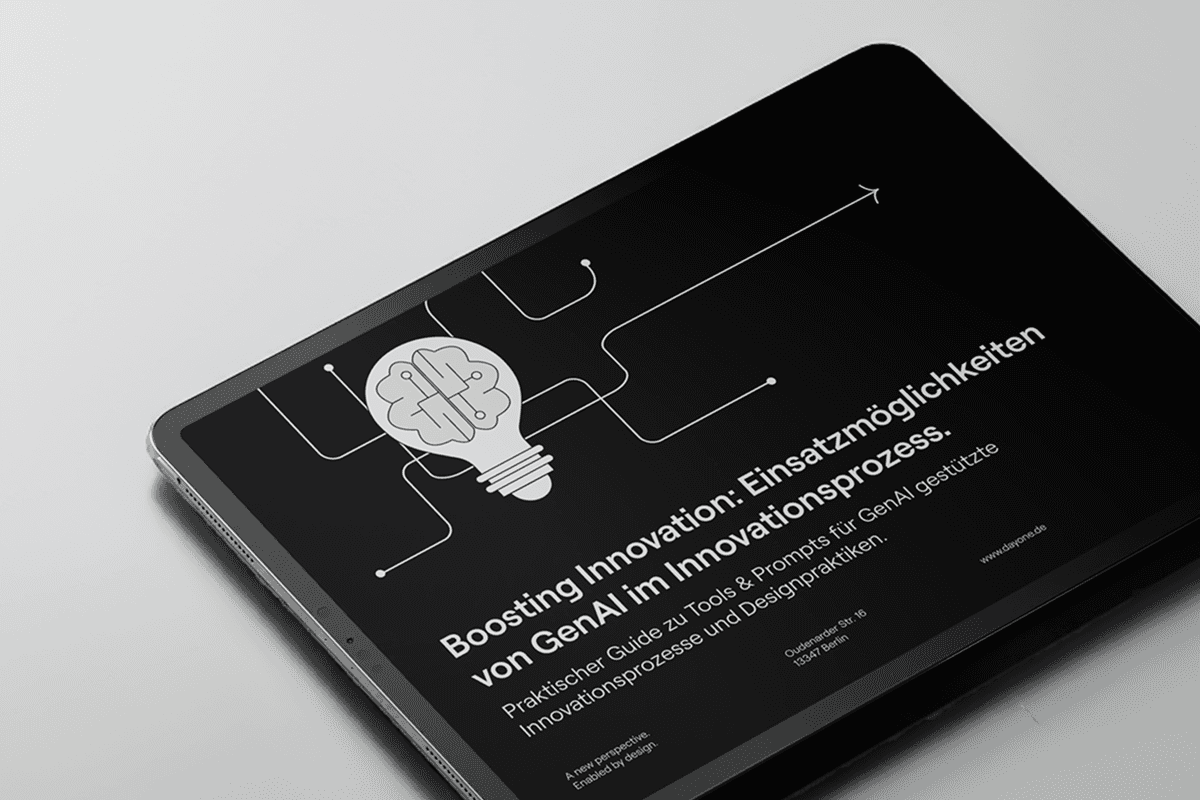 Cover-Visual des Whitepapers Design Innovation mit großformatigem Publikationsmotiv im DAYONE-Stil.