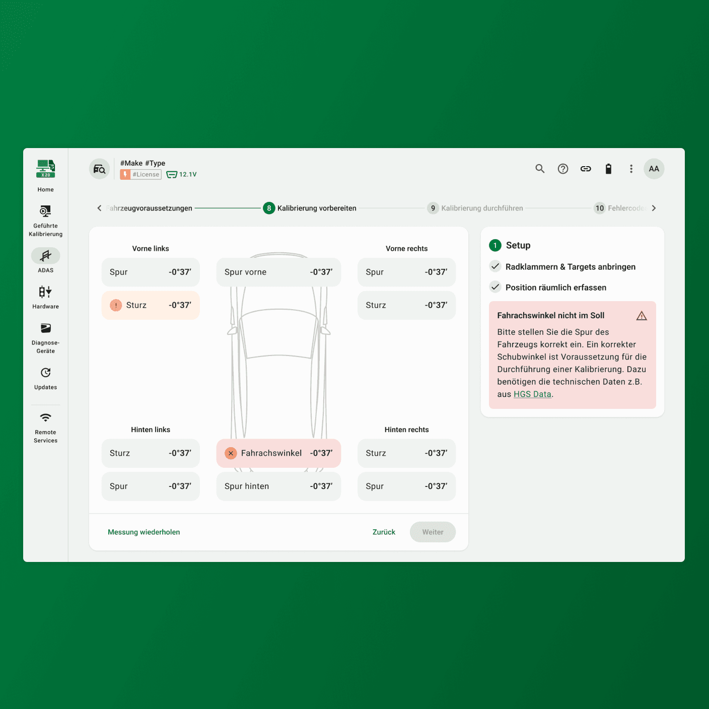 “Prepare calibration” software step showing toe and camber values at all four wheels and a notice that the thrust angle is out of tolerance