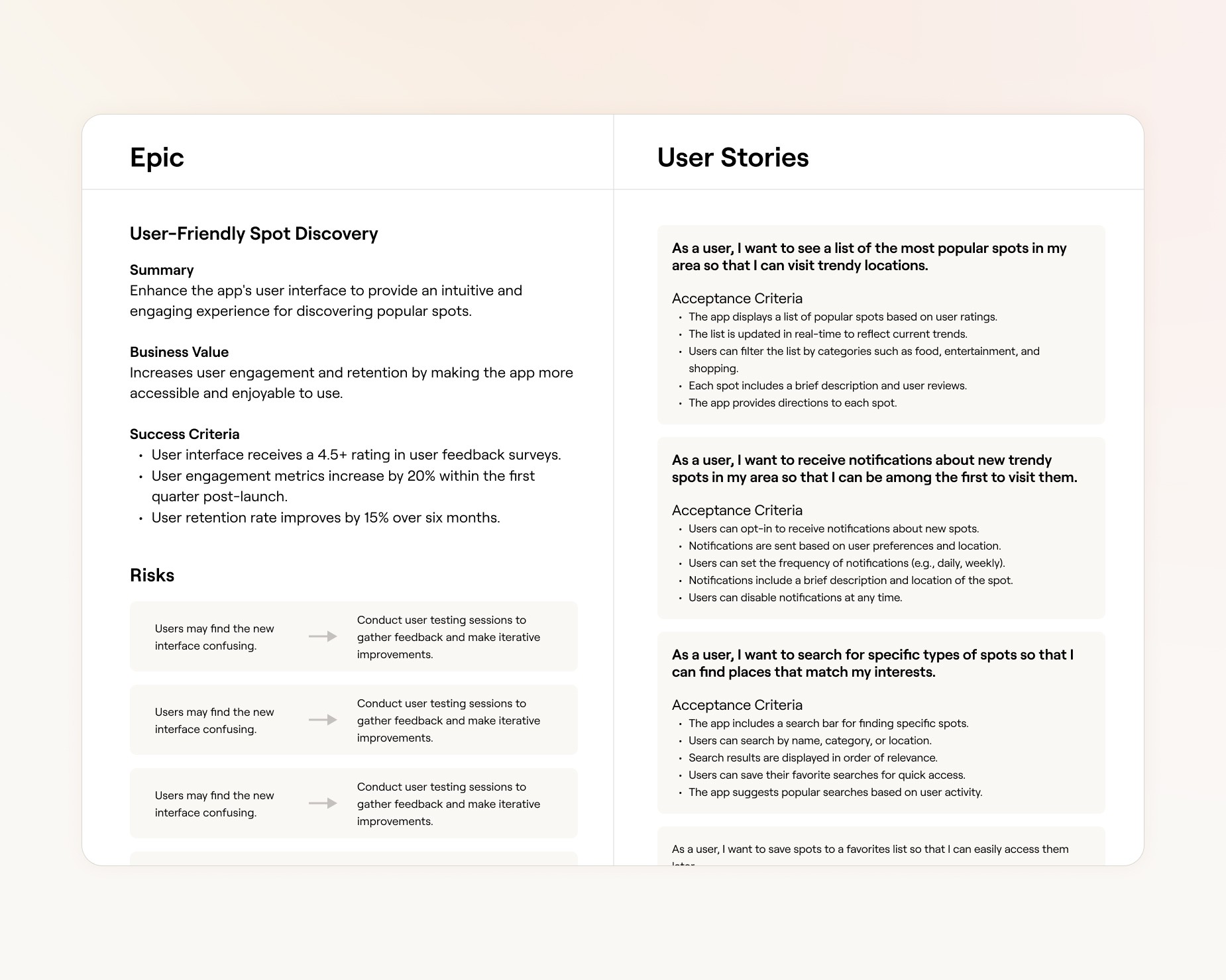 Two columns side by side: an epic with summary, business value, success criteria and risks on the left, the user stories with acceptance criteria on the right