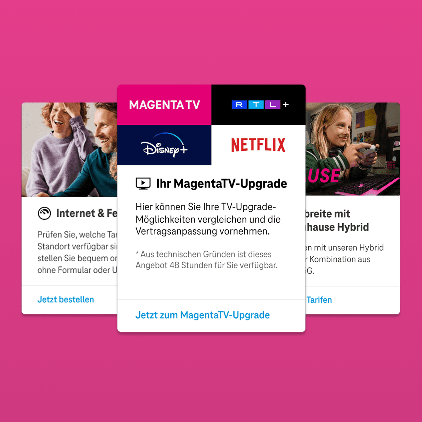Drei gestapelte Angebotskarten, vorn „Ihr MagentaTV-Upgrade“ mit den Logos der enthaltenen Streamingdienste