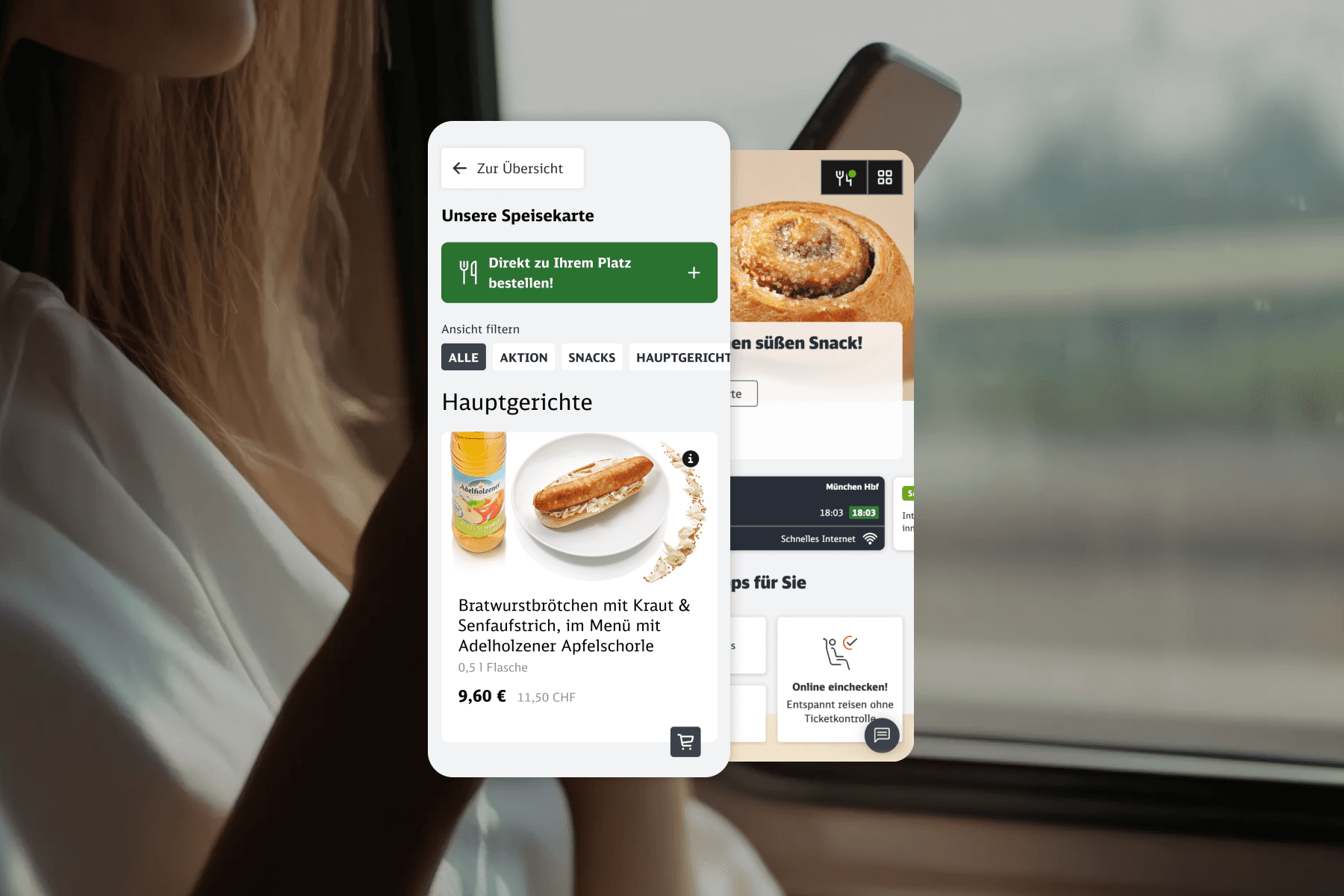 A person sits by the window on an ICE train using a smartphone; in the foreground are two views of the mobile app for the digital at-seat ordering service with food offerings.