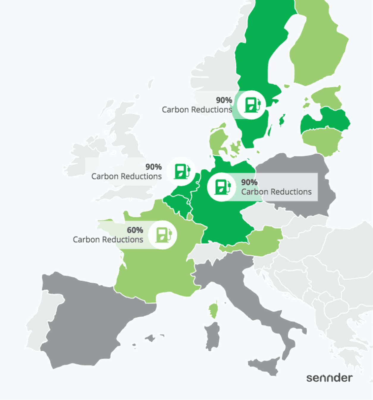 Europakarte mit farblich markierten Ländern, die eine CO₂-Reduktion von bis zu 90 % aufzeigen.