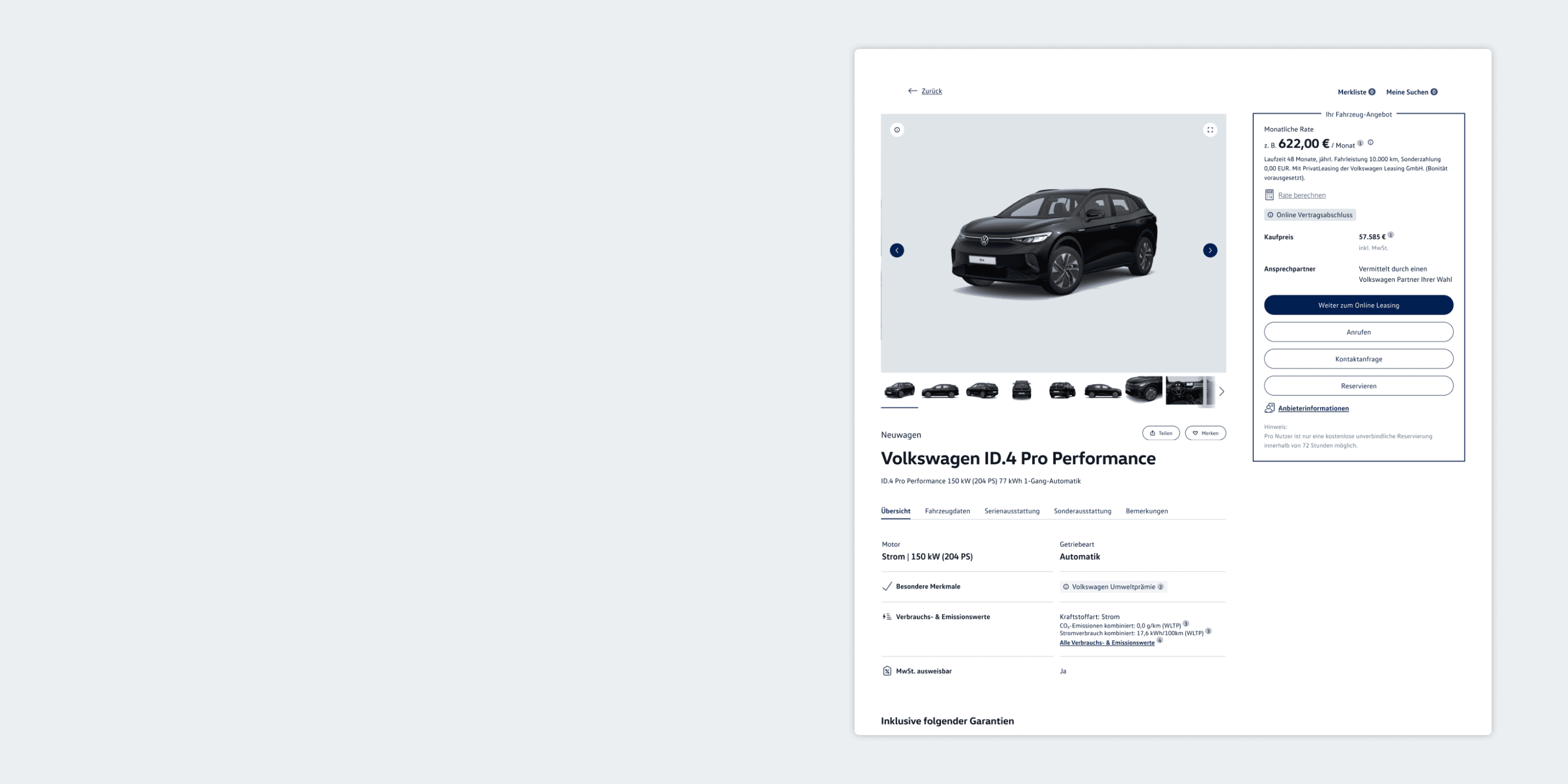 Vehicle detail page with an image gallery, model name, monthly instalment and purchase price, plus buttons for leasing, calling and reserving