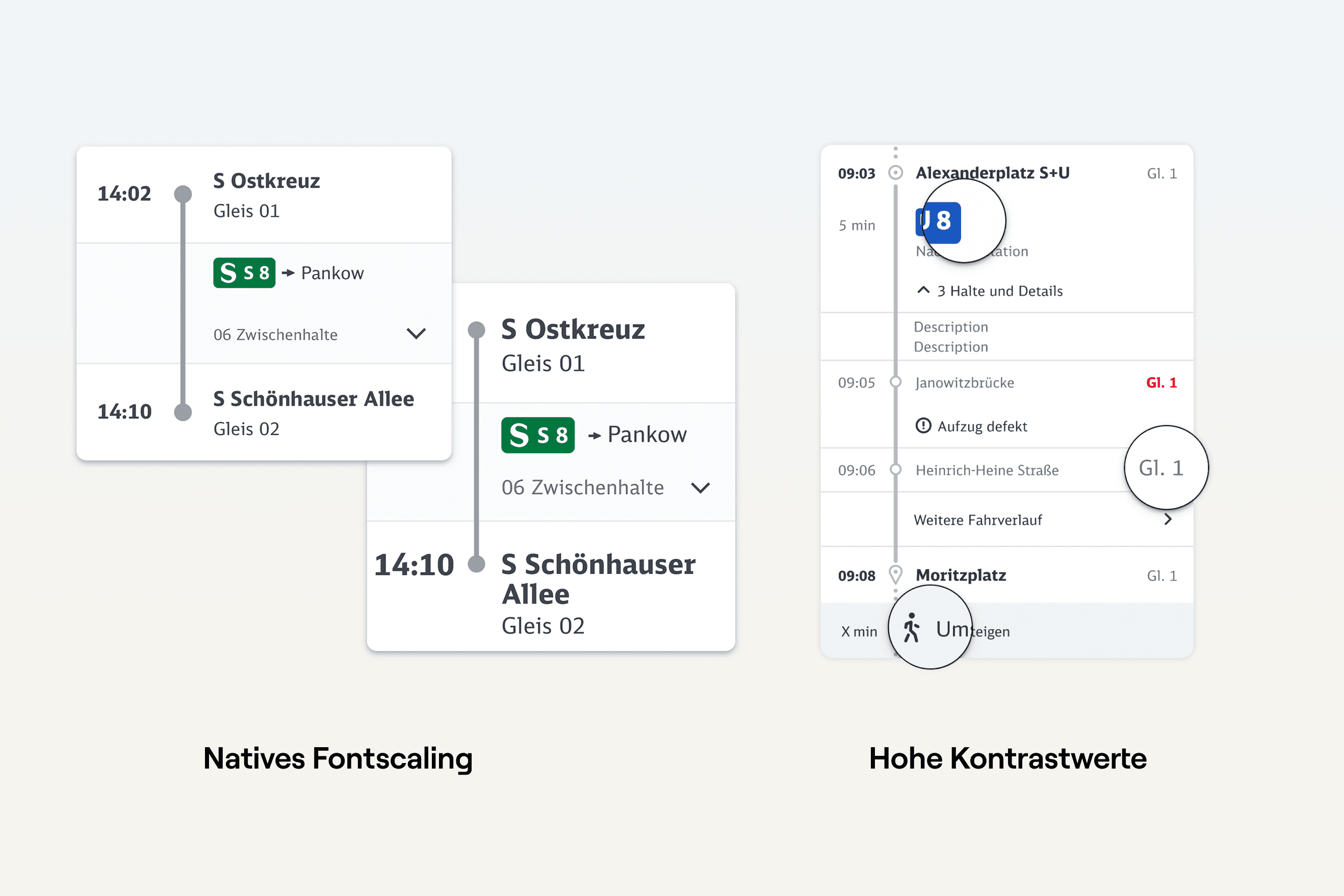 Two accessibility examples side by side: connection cards at native font scaling and the same view with high contrast values