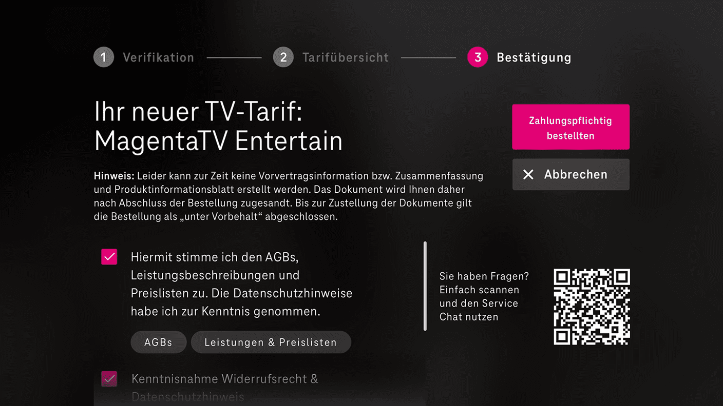 Bestellbestaetigung auf einem Fernsehbildschirm mit dem gewaehlten TV-Tarif, den Zustimmungshaken zu AGB und Widerrufsrecht und einem QR-Code zum Service-Chat