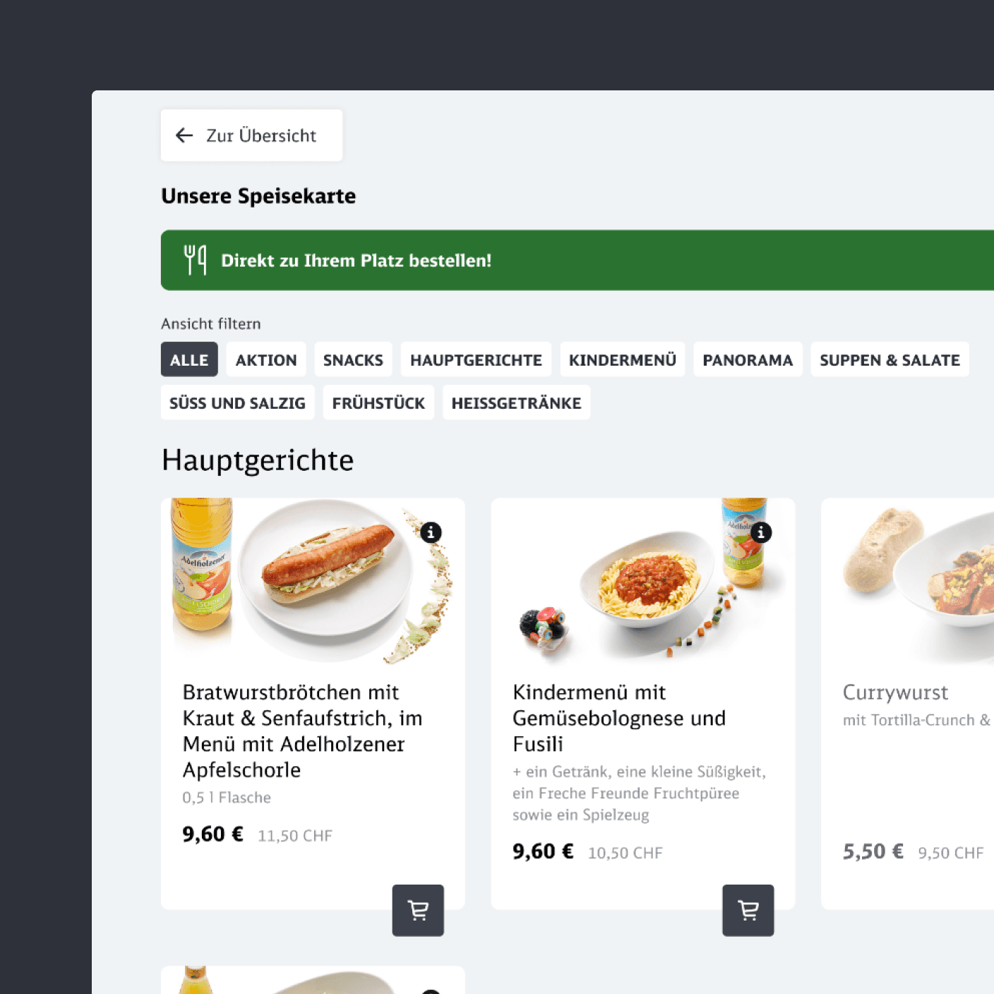 Digitale Speisekarte mit Filterleiste nach Kategorien und Gerichtekarten mit Foto, Beschreibung und Preis
