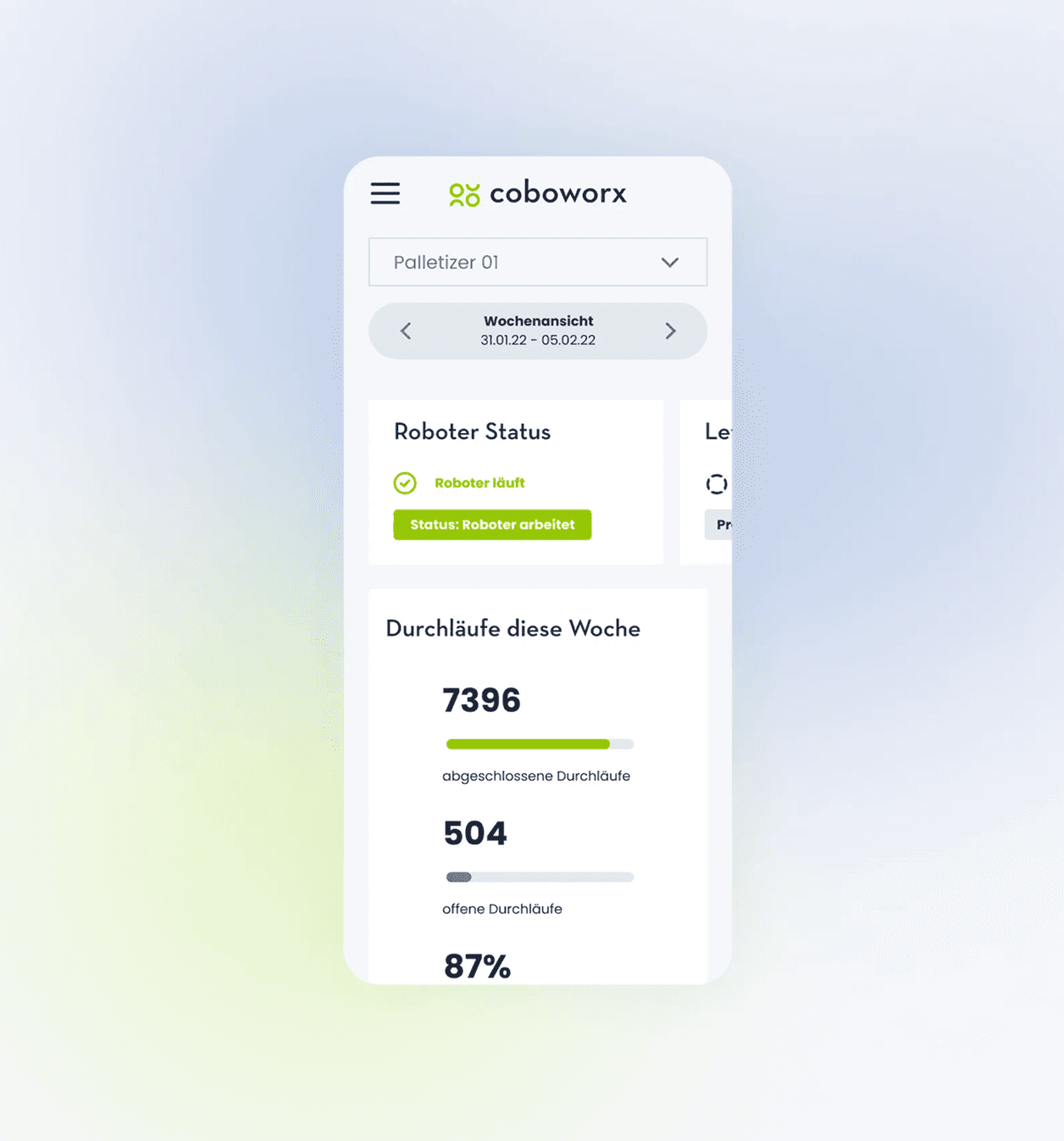 Mobile Ansicht derselben Plattform. Es werden der Status des Roboters („Roboter läuft“, „Status: Roboter arbeitet“), sowie die wöchentlichen Durchläufe dargestellt: [Anzahl] abgeschlossen, [ANzahl] offen, Erfolgsrate in%. Oben kann der Zeitraum angepasst werden.